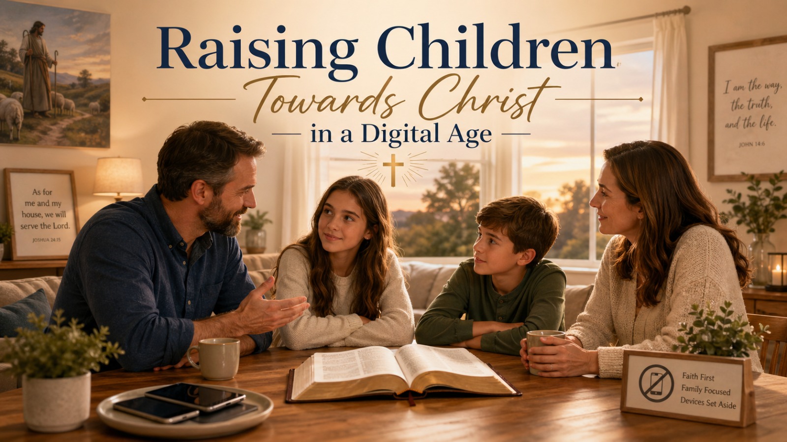 Raising Children Towards Christ in a Digital Age: parents talking with two children around an open Bible at home